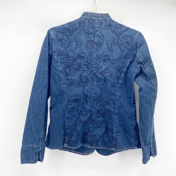 Coldwater Creek Denim Embroidered BOHO Jacket Nehru Collar Cottage size 6 - Picture 7 of 8